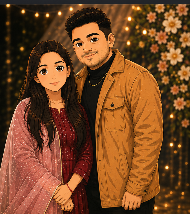 Illustrated portrait of Shivani and Sachin